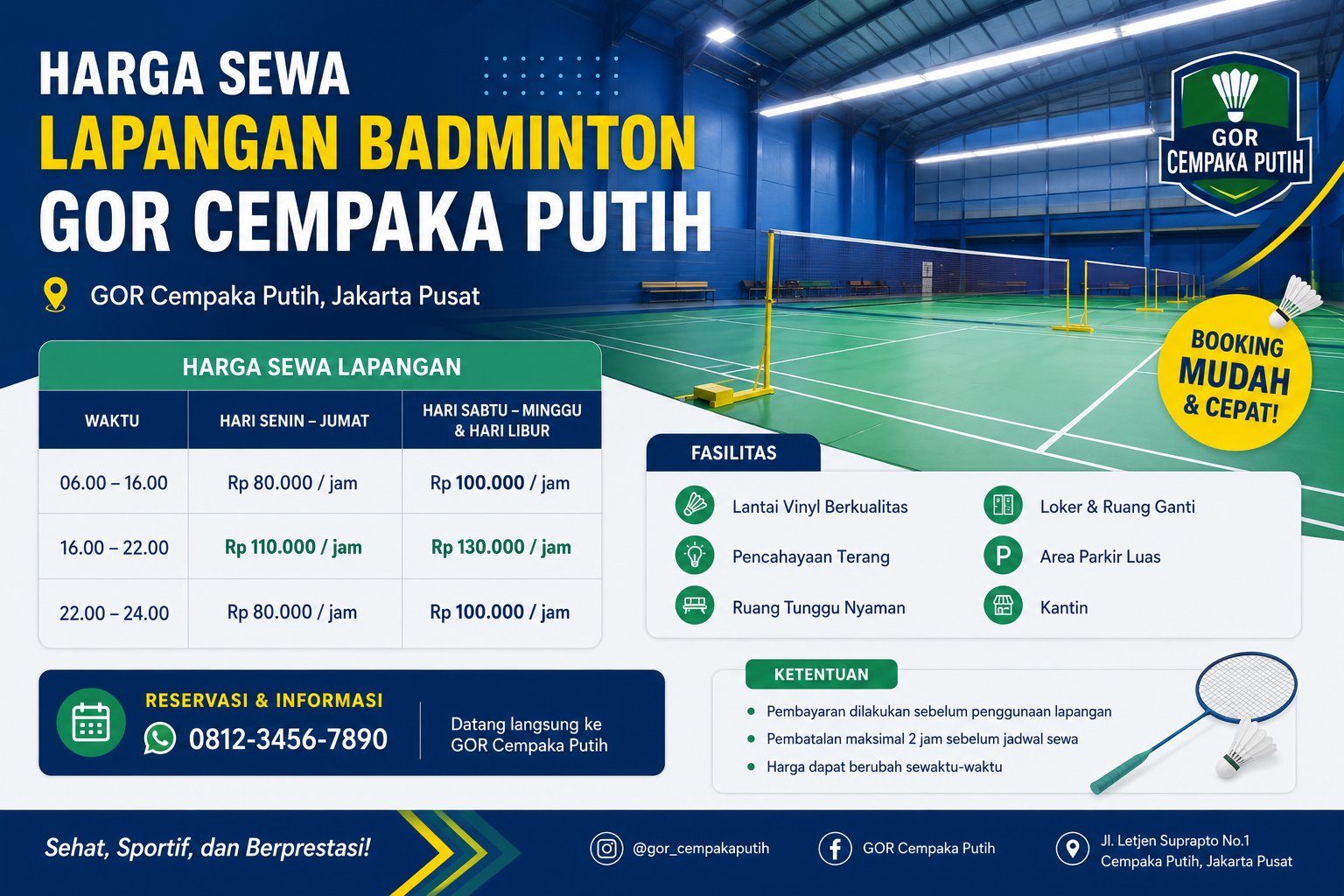 Harga Sewa Lapangan Badminton Gor Cempaka Putih